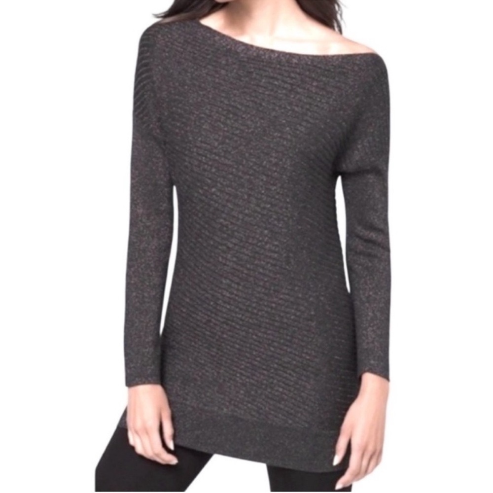 WHBM Off Shoulder Shimmering Tunic Sweater Top Long Sleeve Gray Size M